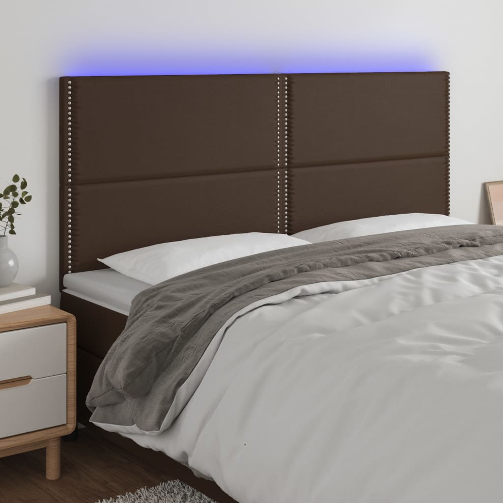 vidaXL Cabeceira cama c/ LED couro artif. 200x5x118/128 cm castanho