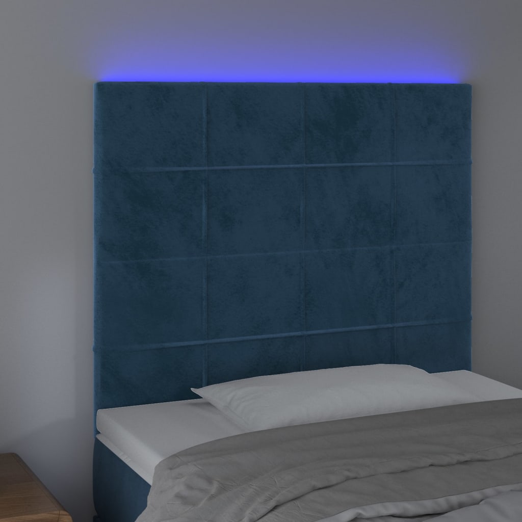 vidaXL Cabeceira cama c/ luzes LED veludo 80x5x118/128cm azul-escuro