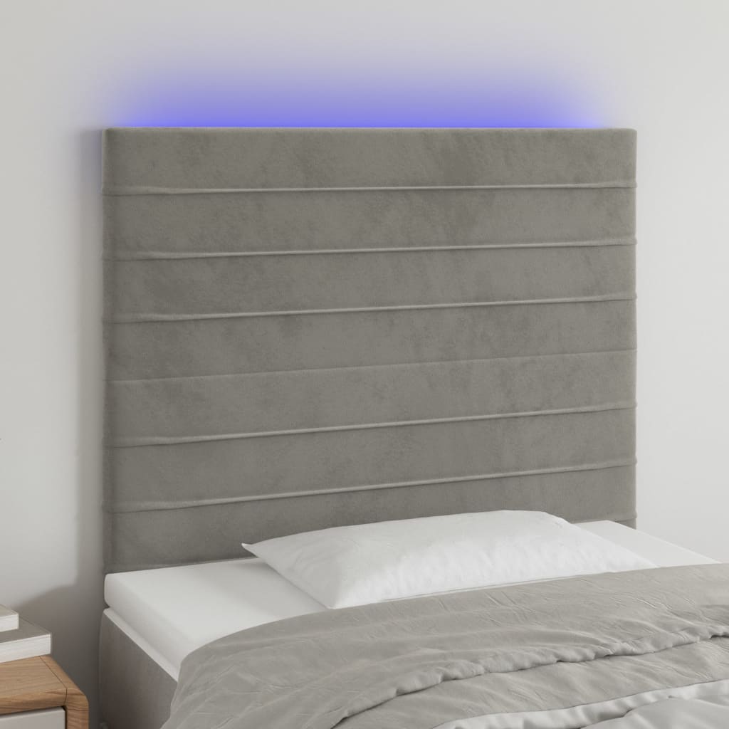 vidaXL Cabeceira cama c/ luzes LED veludo 100x5x118/128cm cinza-claro