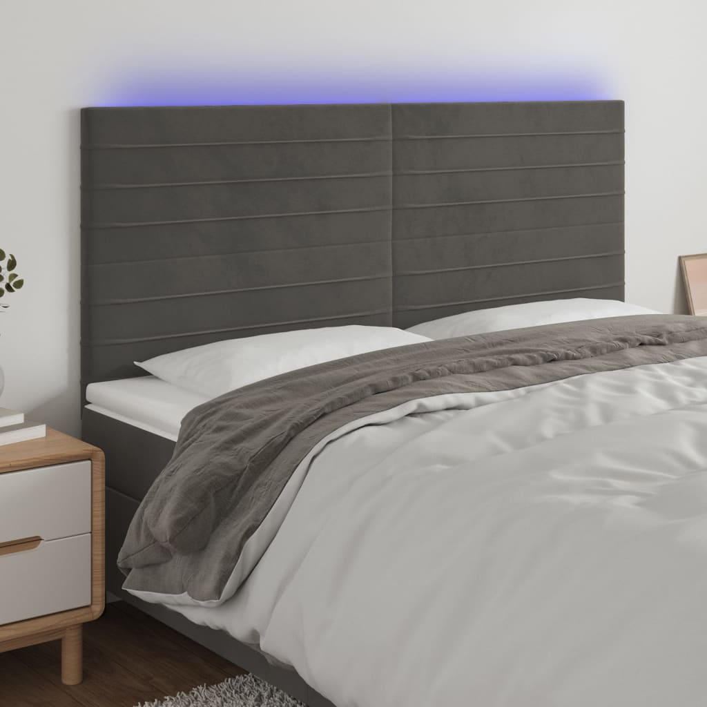 vidaXL Cabeceira de cama c/ LED veludo 200x5x118/128 cm cinza-escuro