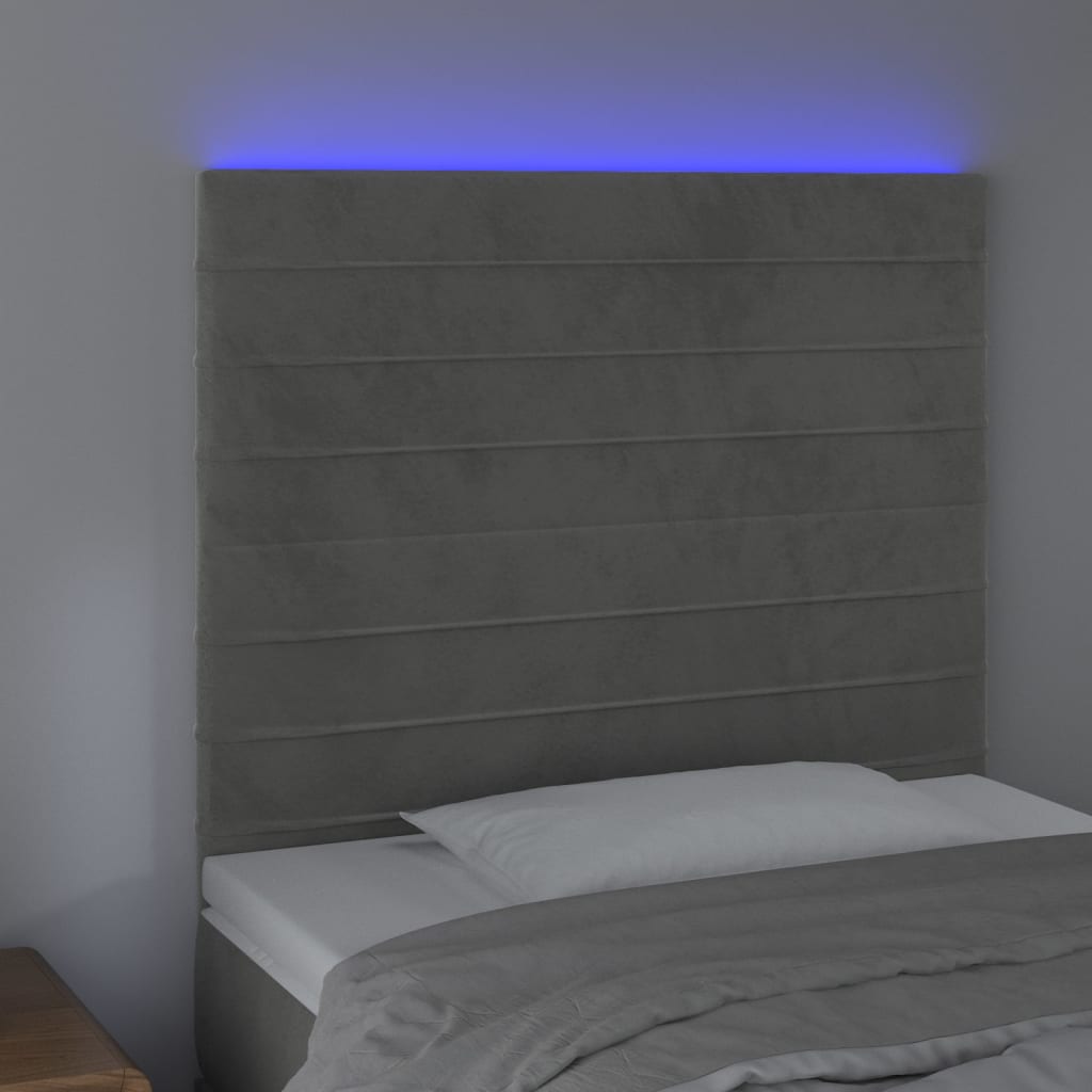 vidaXL Cabeceira cama c/ luzes LED veludo 100x5x118/128cm cinza-claro