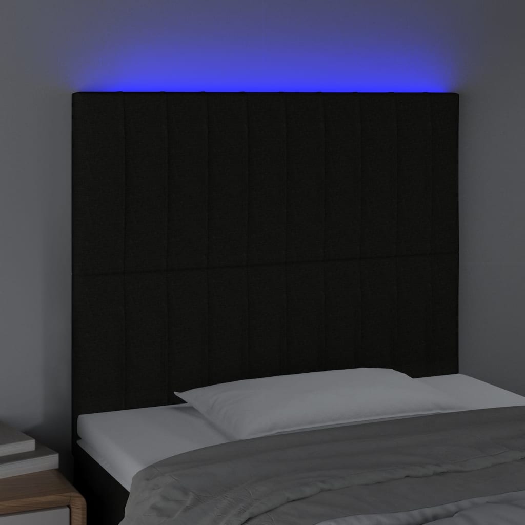 vidaXL Cabeceira de cama c/ LED tecido 90x5x118/128cm preto