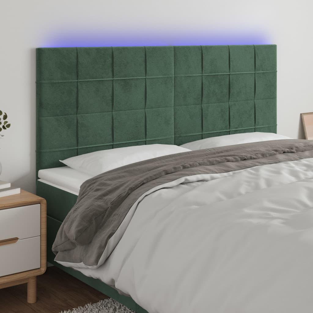 vidaXL Cabeceira de cama c/ LED veludo 200x5x118/128 cm verde-escuro