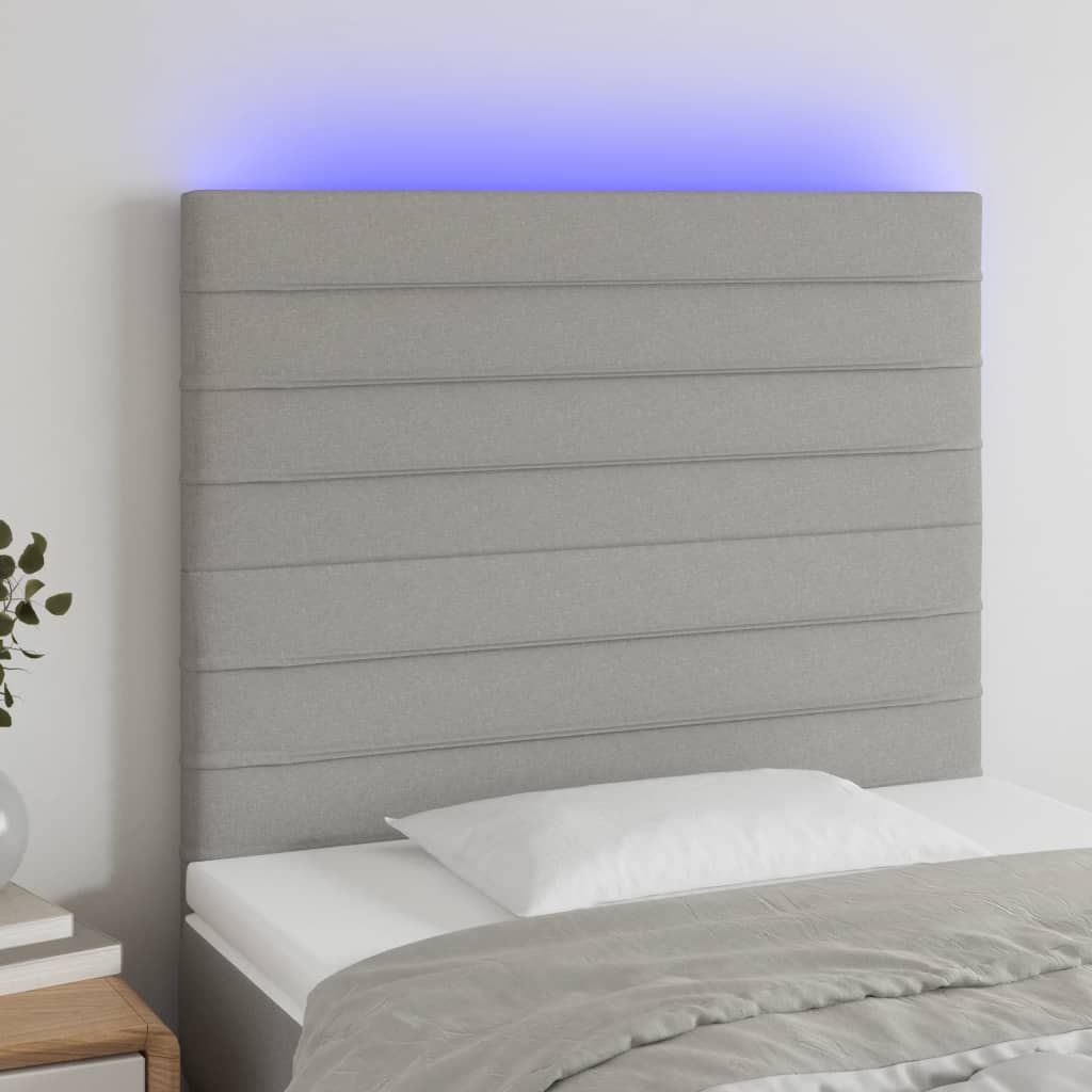 vidaXL Cabeceira cama c/ luzes LED tecido 100x5x118/128cm cinza-claro