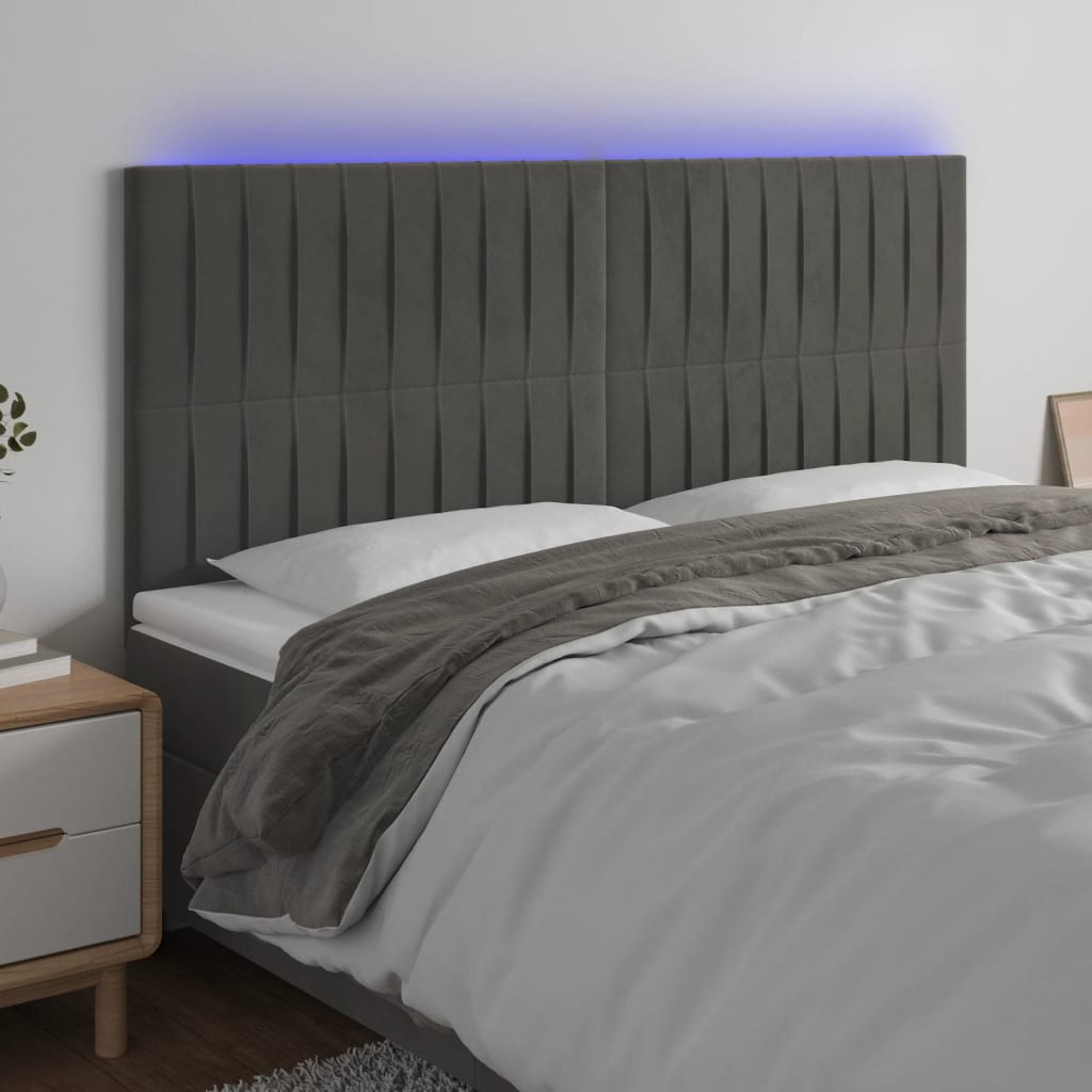 vidaXL Cabeceira de cama c/ LED veludo 160x5x118/128 cm cinza-escuro