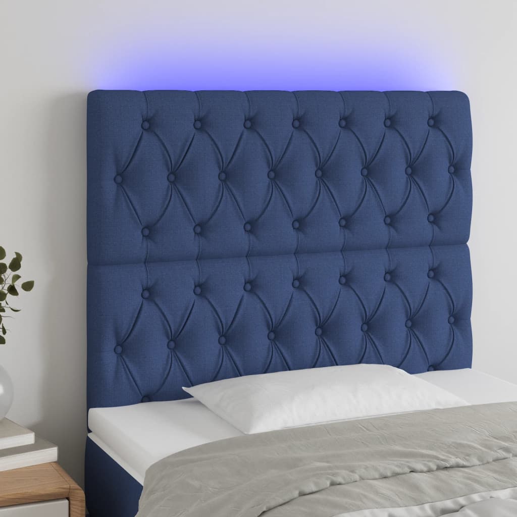 vidaXL Cabeceira de cama c/ luzes LED tecido 90x7x118/128 cm azul