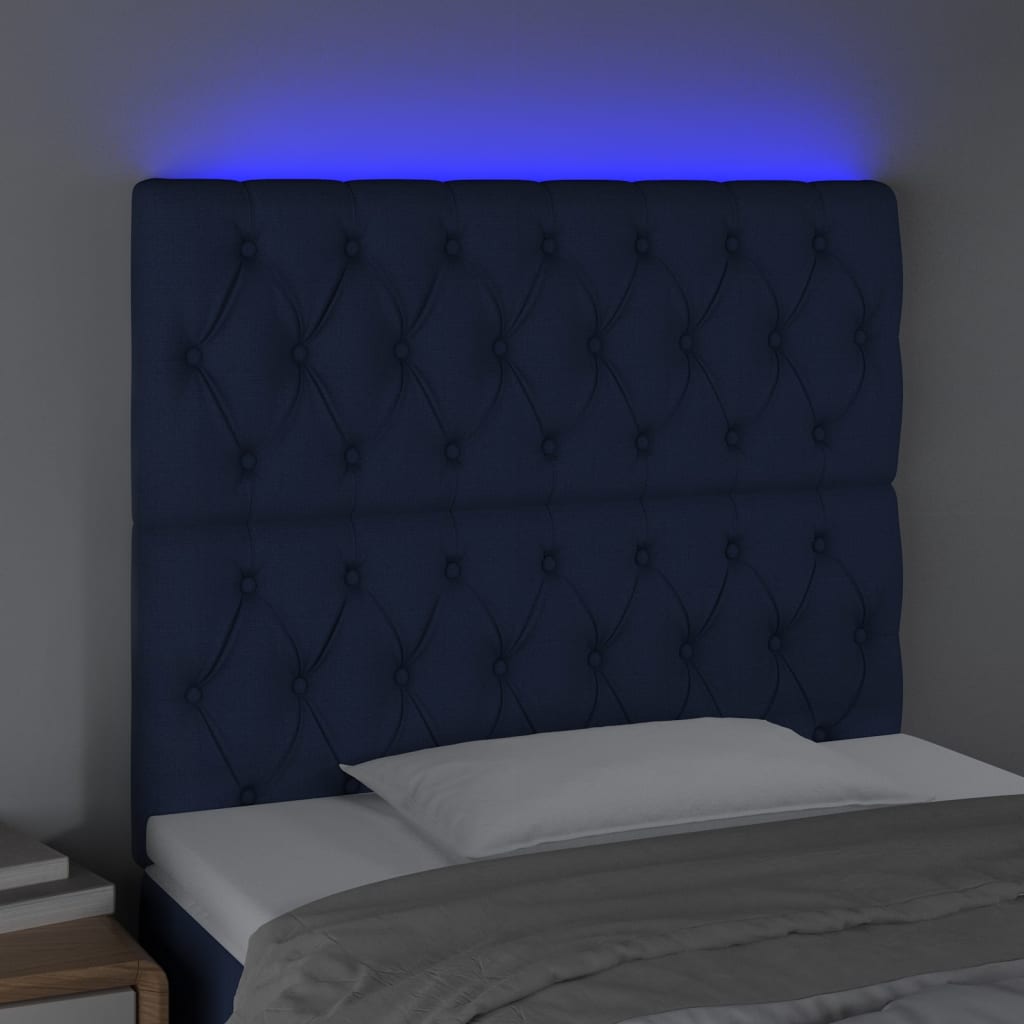 vidaXL Cabeceira de cama c/ luzes LED tecido 90x7x118/128 cm azul