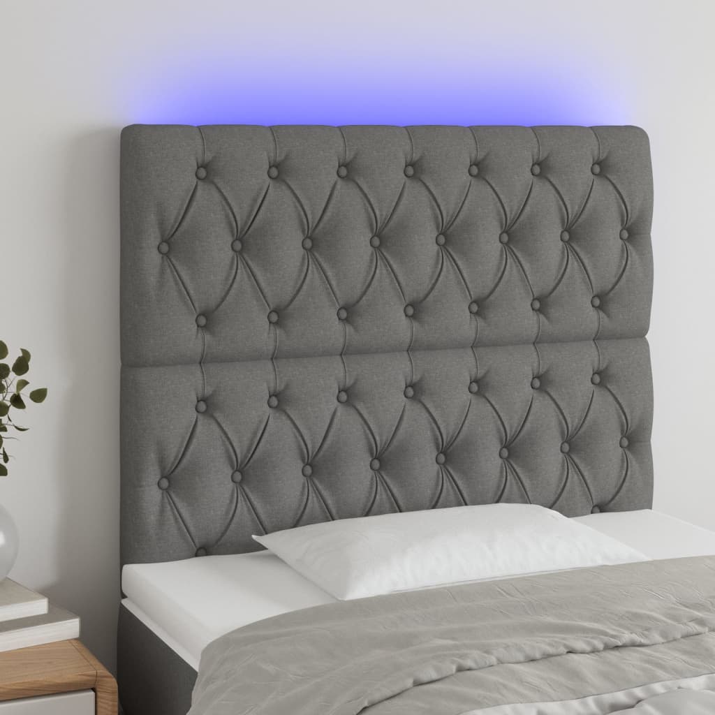 vidaXL Cabeceira de cama c/ LED tecido 90x7x118/128 cm cinza-escuro