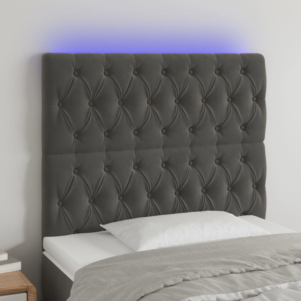 vidaXL Cabeceira de cama c/ LED veludo 90x7x118/128 cm cinza-escuro