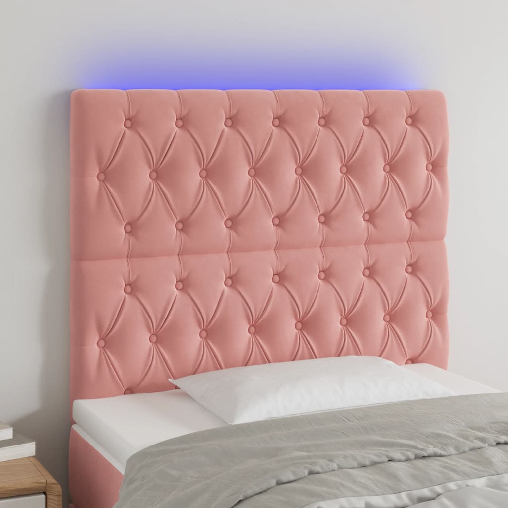 vidaXL Cabeceira de cama c/ luzes LED veludo 100x7x118/128 cm rosa