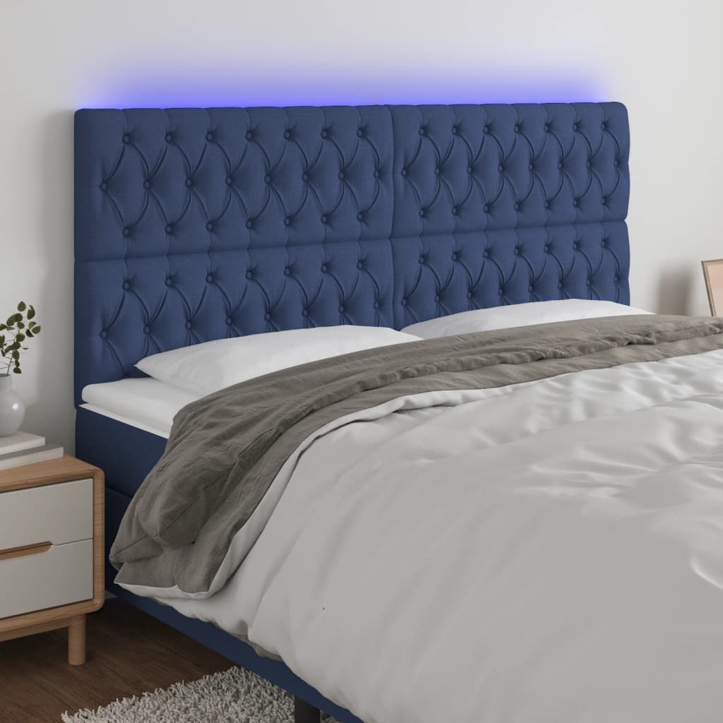 vidaXL Cabeceira de cama c/ luzes LED tecido 200x7x118/128 cm azul