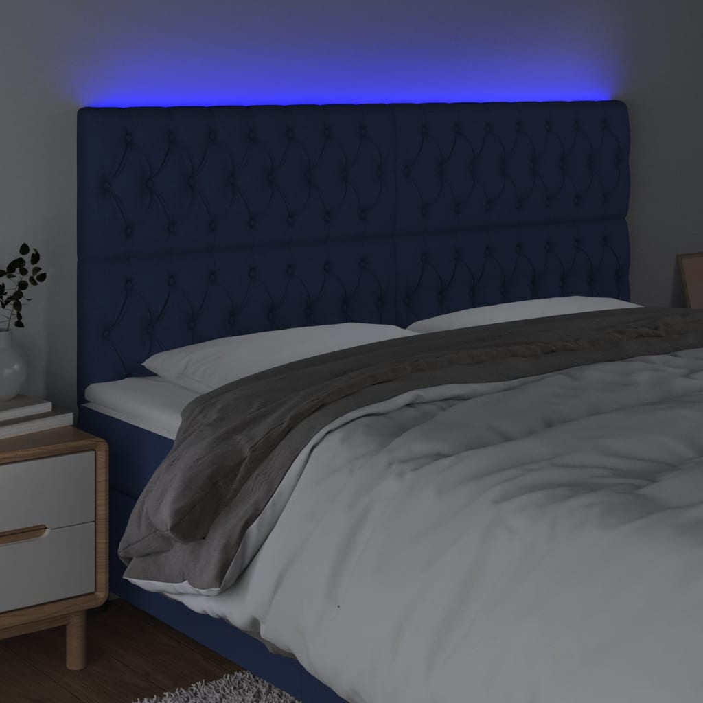 vidaXL Cabeceira de cama c/ luzes LED tecido 200x7x118/128 cm azul