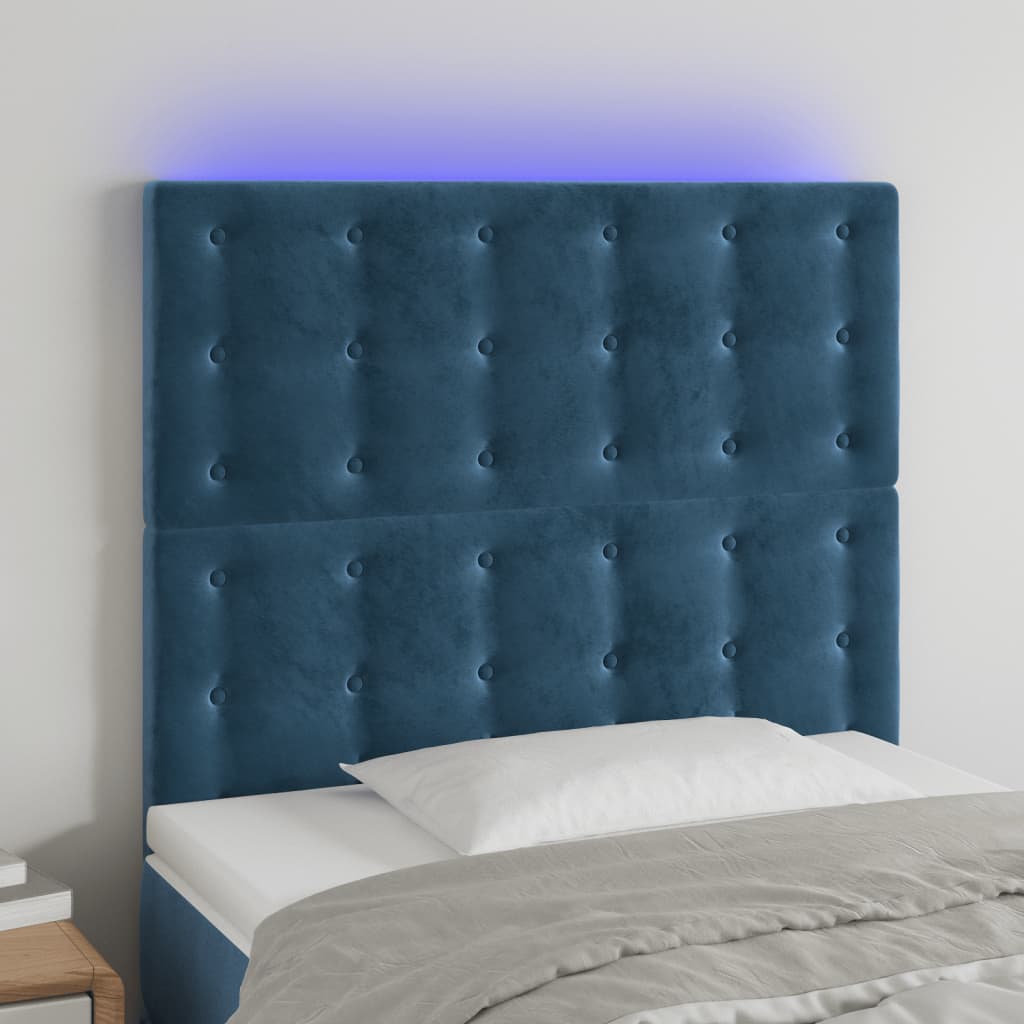 vidaXL Cabeceira cama c/ luzes LED veludo 90x5x118/128cm azul-escuro