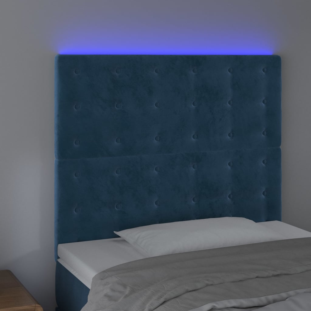 vidaXL Cabeceira cama c/ luzes LED veludo 90x5x118/128cm azul-escuro