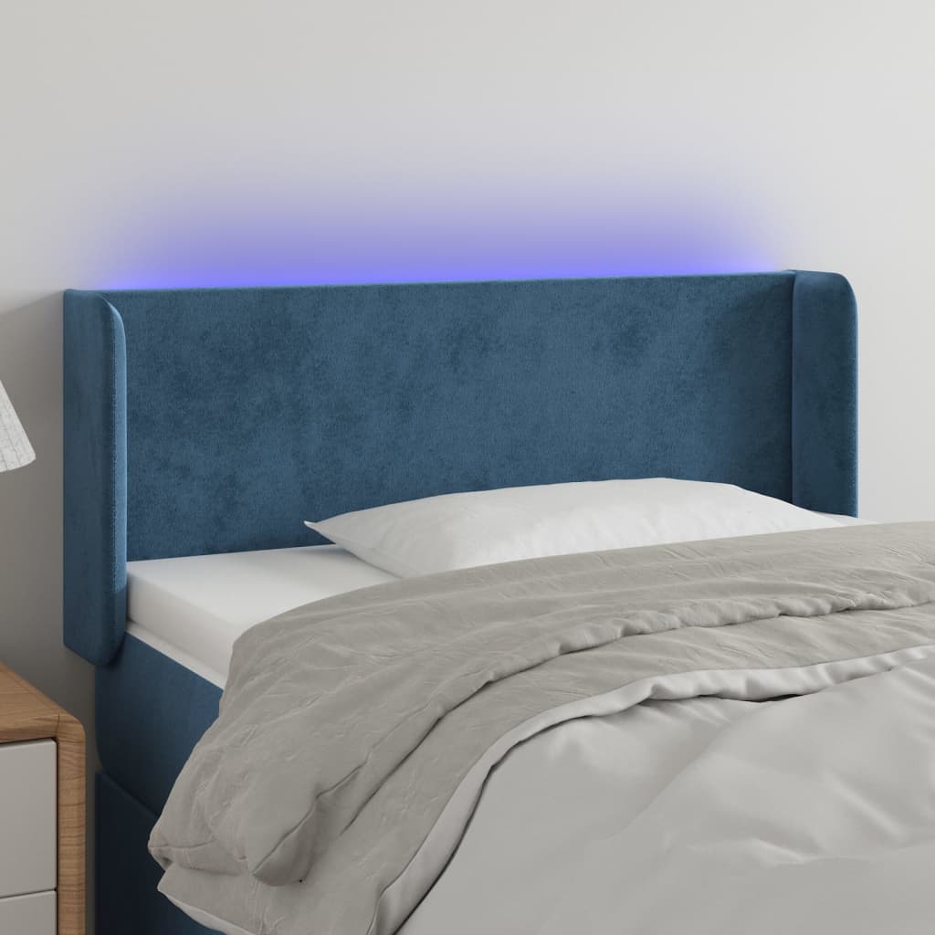 vidaXL Cabeceira de cama c/ luzes LED veludo 93x16x78/88cm azul-escuro