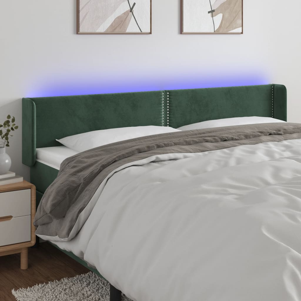 vidaXL Cabeceira cama c/ luzes LED veludo 183x16x78/88 cm verde-escuro