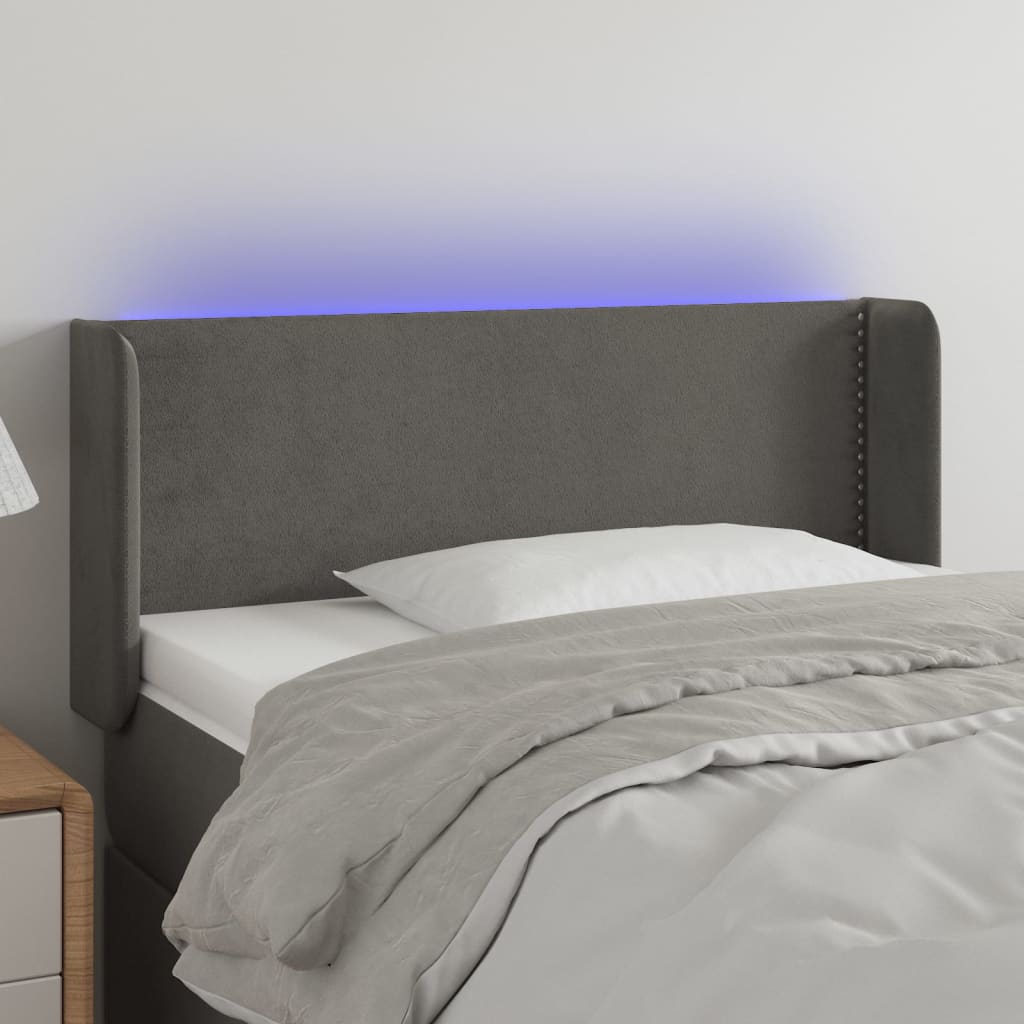 vidaXL Cabeceira cama c/ luzes LED veludo 93x16x78/88cm cinza-escuro