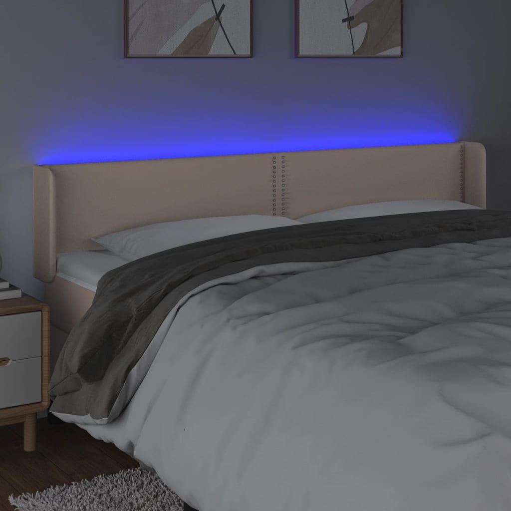 vidaXL Cabeceira cama LED couro artificial 203x16x78/88 cm cappuccino