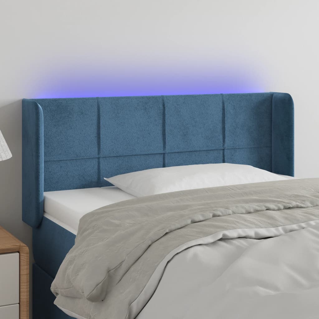 vidaXL Cabeceira cama c/ luzes LED veludo 103x16x78/88 cm azul-escuro