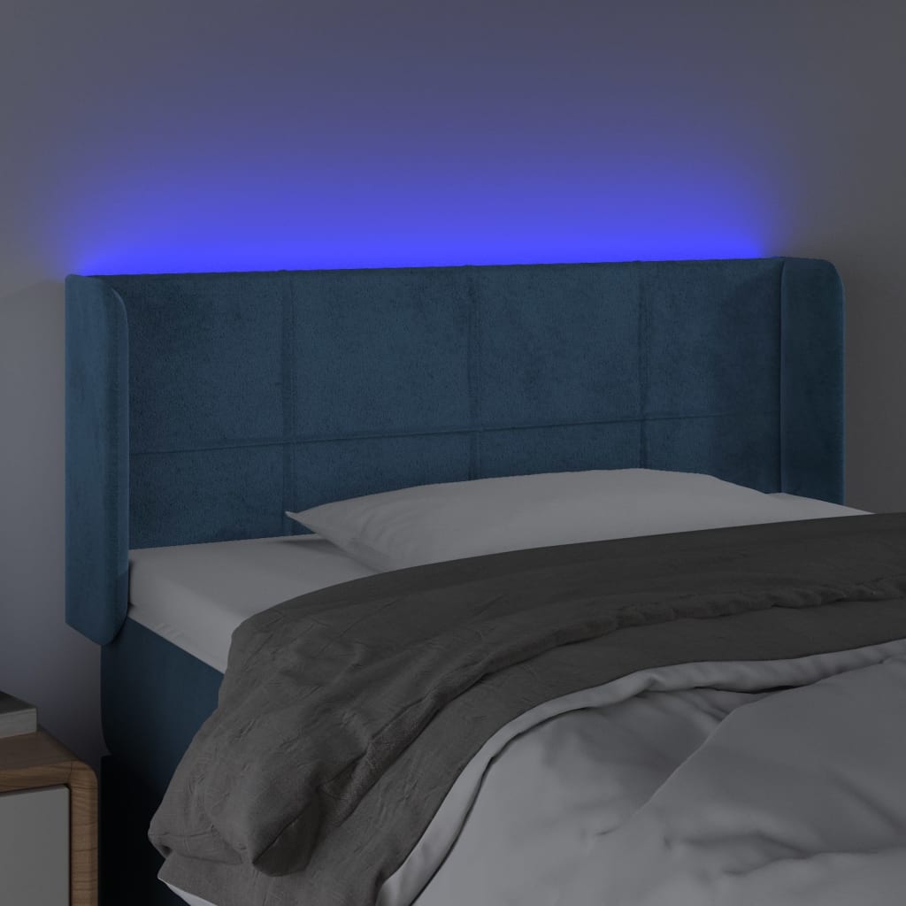 vidaXL Cabeceira cama c/ luzes LED veludo 103x16x78/88 cm azul-escuro