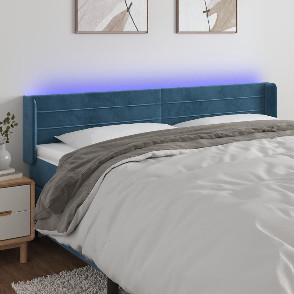 vidaXL Cabeceira cama c/ luzes LED veludo 163x16x78/88 cm azul-escuro