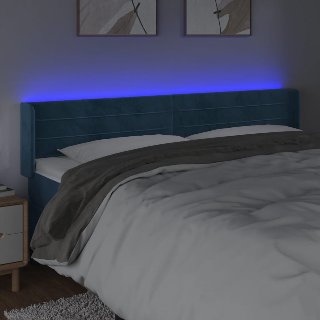 vidaXL Cabeceira cama c/ luzes LED veludo 163x16x78/88 cm azul-escuro