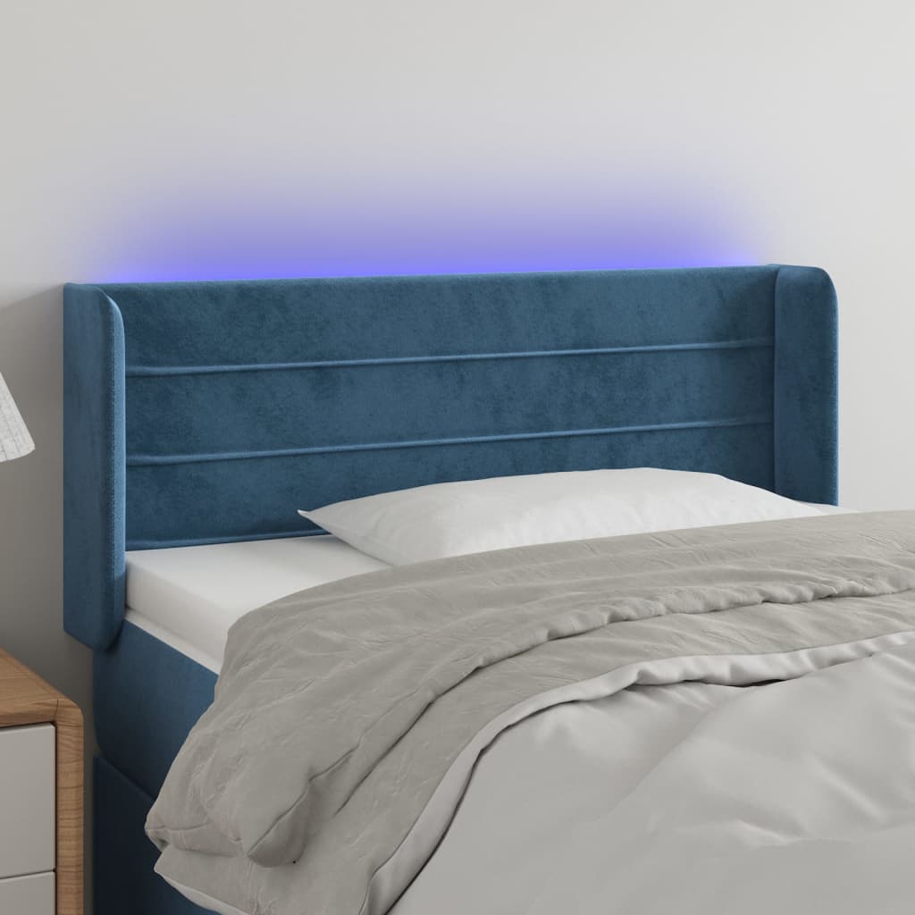 vidaXL Cabeceira cama c/ luzes LED veludo 103x16x78/88 cm azul-escuro