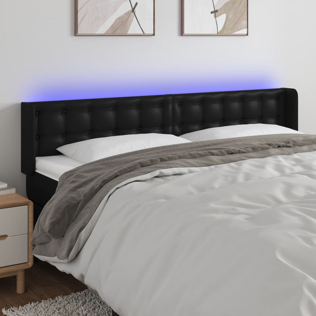 vidaXL Cabeceira de cama c/ LED couro artificial 163x16x78/88 cm preto