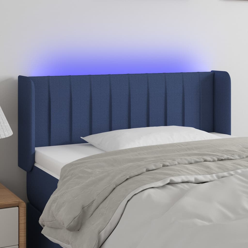 vidaXL Cabeceira de cama c/ luzes LED tecido 93x16x78/88 cm azul