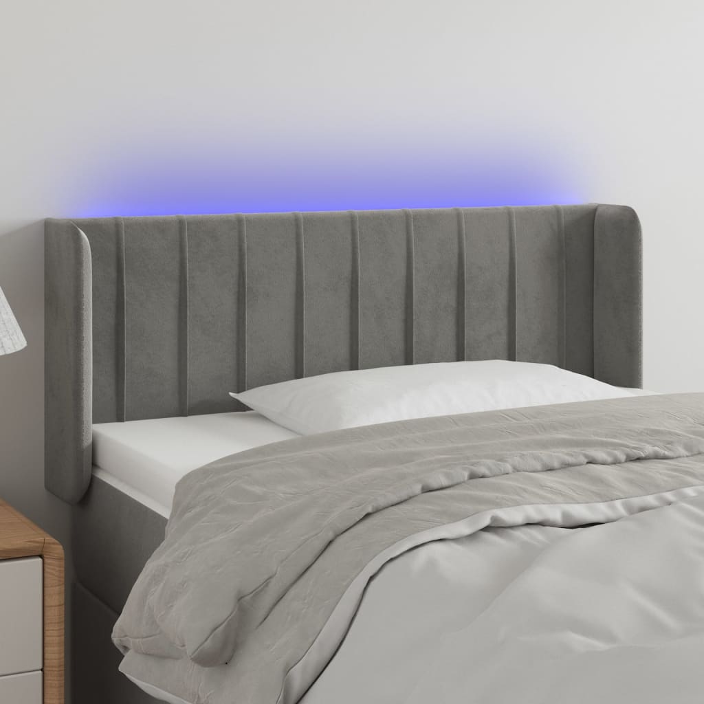 vidaXL Cabeceira de cama c/ luzes LED veludo 83x16x78/88cm cinza-claro