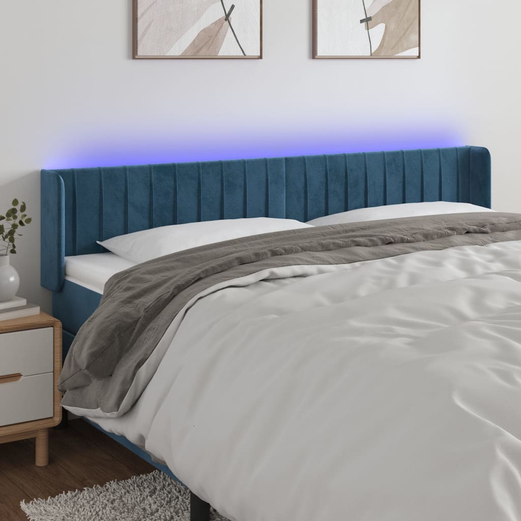 vidaXL Cabeceira cama c/ luzes LED veludo 203x16x78/88 cm azul-escuro