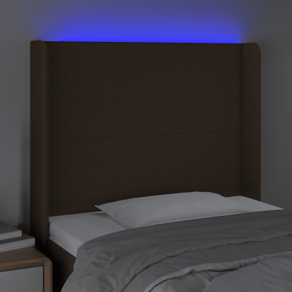 vidaXL Cabeceira de cama c/ luzes LED tecido 83x16x118/128 cm castanho