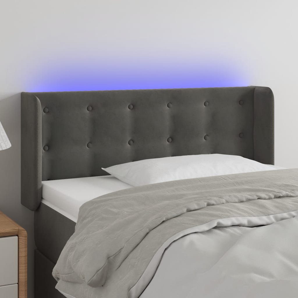 vidaXL Cabeceira cama c/ luzes LED veludo 103x16x78/88 cm cinza-escuro