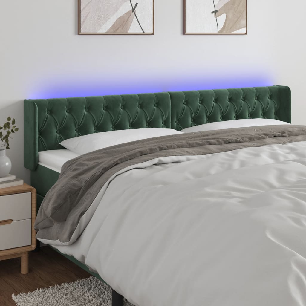 vidaXL Cabeceira cama c/ luzes LED veludo 183x16x78/88 cm verde-escuro