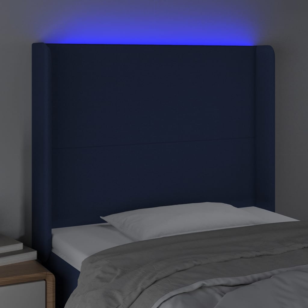 vidaXL Cabeceira de cama c/ luzes LED tecido 103x16x118/128 cm azul