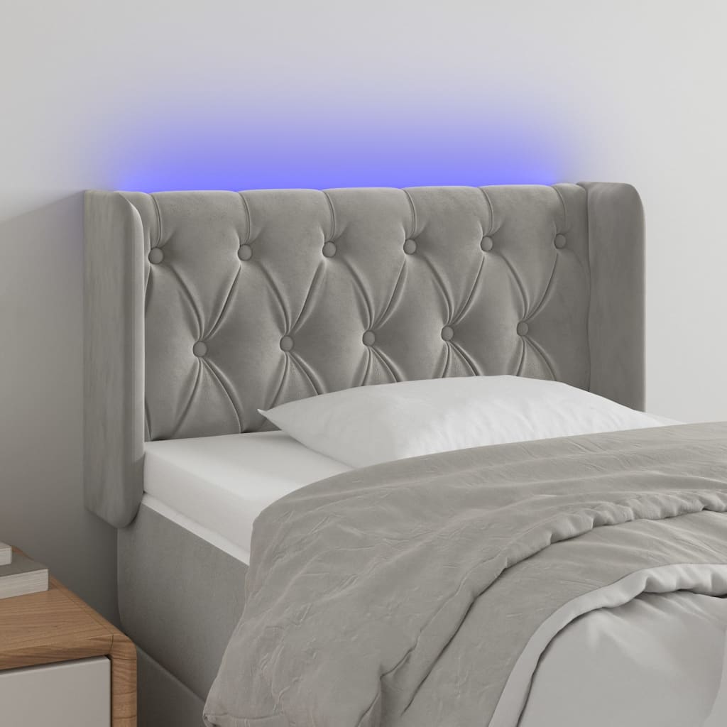 vidaXL Cabeceira de cama c/ luzes LED veludo 83x16x78/88cm cinza-claro