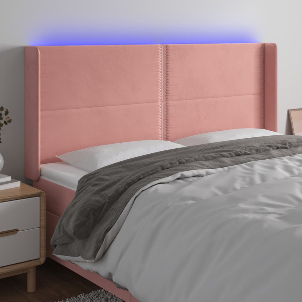 vidaXL Cabeceira de cama c/ luzes LED veludo 183x16x118/128 cm rosa