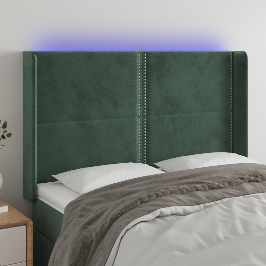 vidaXL Cabeceira de cama c/ LED veludo 147x16x118/128 cm verde-escuro