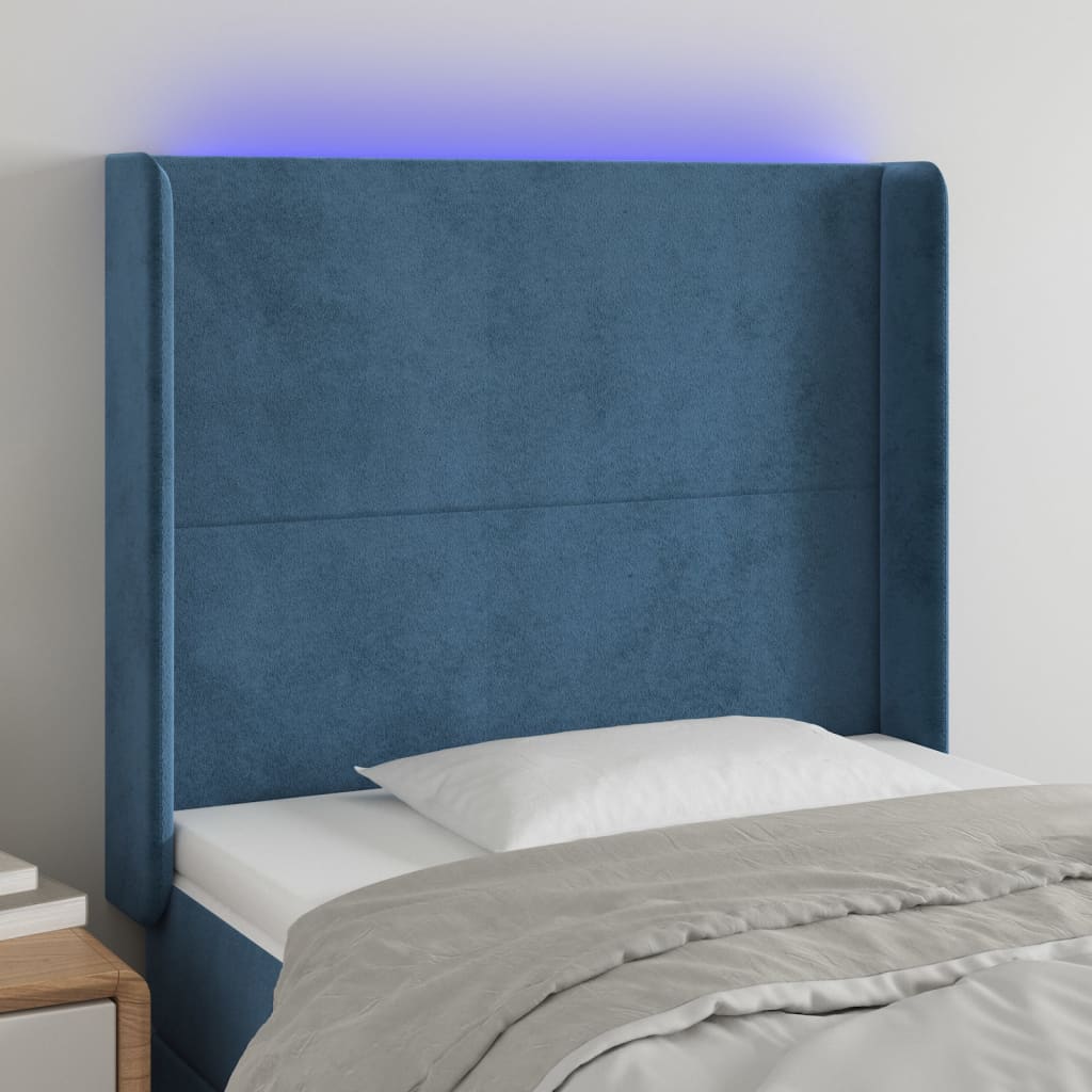 vidaXL Cabeceira cama c/ luzes LED veludo 93x16x118/128 cm azul-escuro