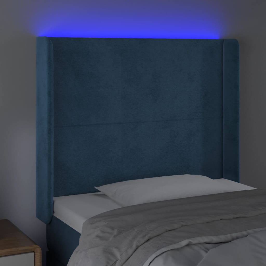 vidaXL Cabeceira cama c/ luzes LED veludo 93x16x118/128 cm azul-escuro