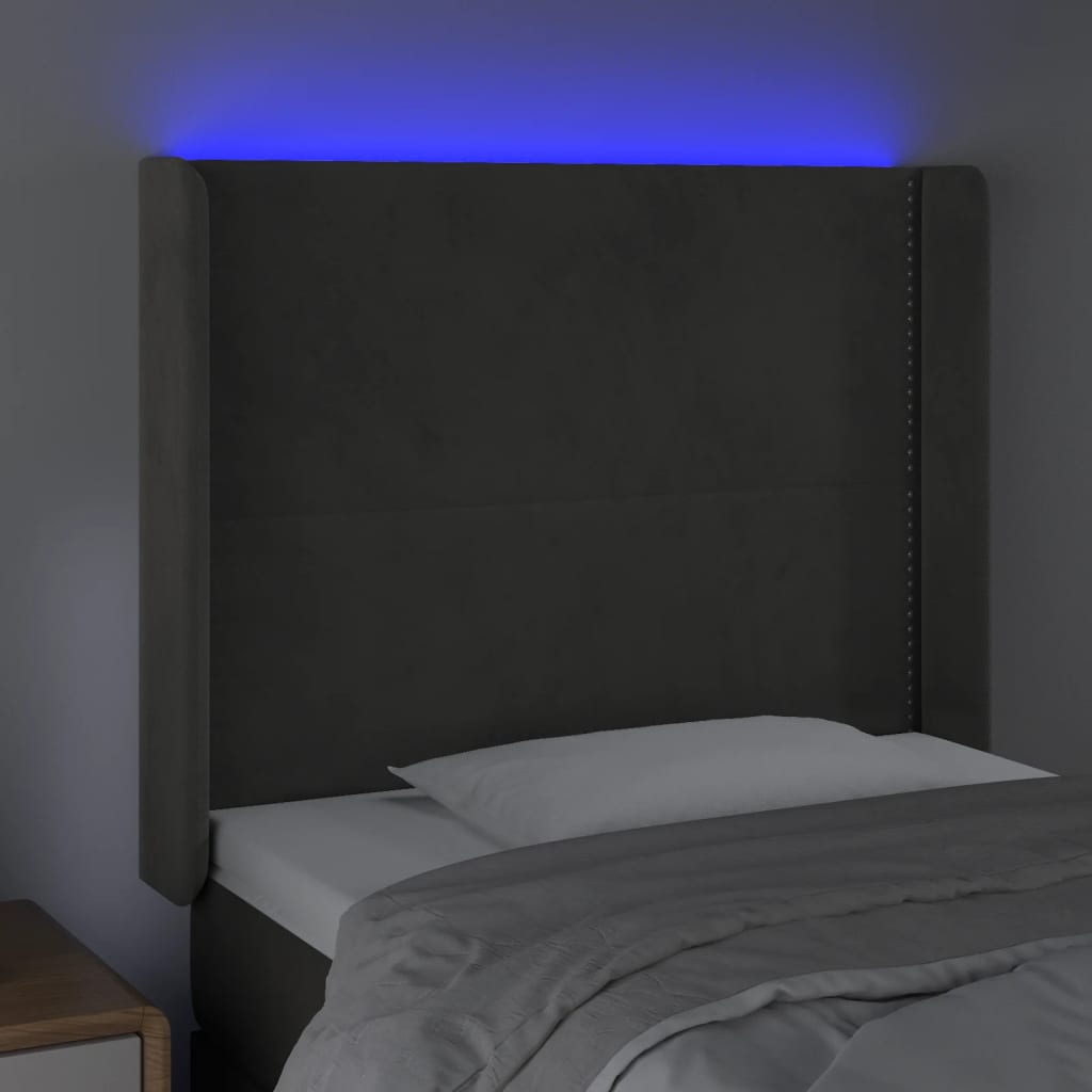 vidaXL Cabeceira cama c/ luzes LED veludo 103x16x118/128cm cinza-claro