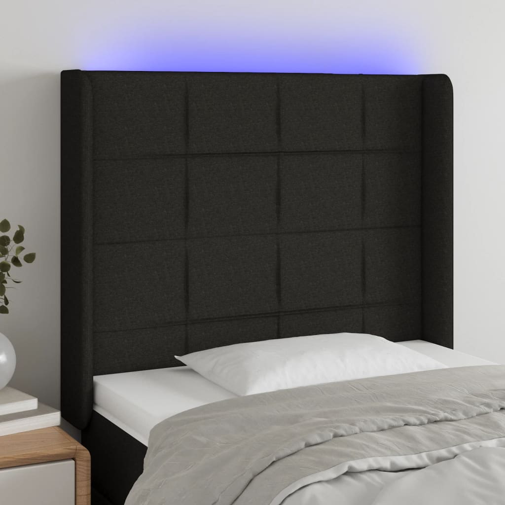 vidaXL Cabeceira de cama c/ luzes LED tecido 83x16x118/128 cm preto