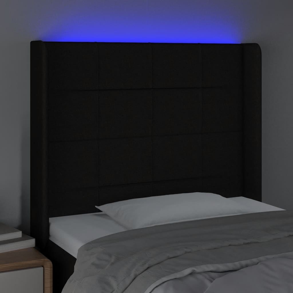 vidaXL Cabeceira de cama c/ luzes LED tecido 83x16x118/128 cm preto