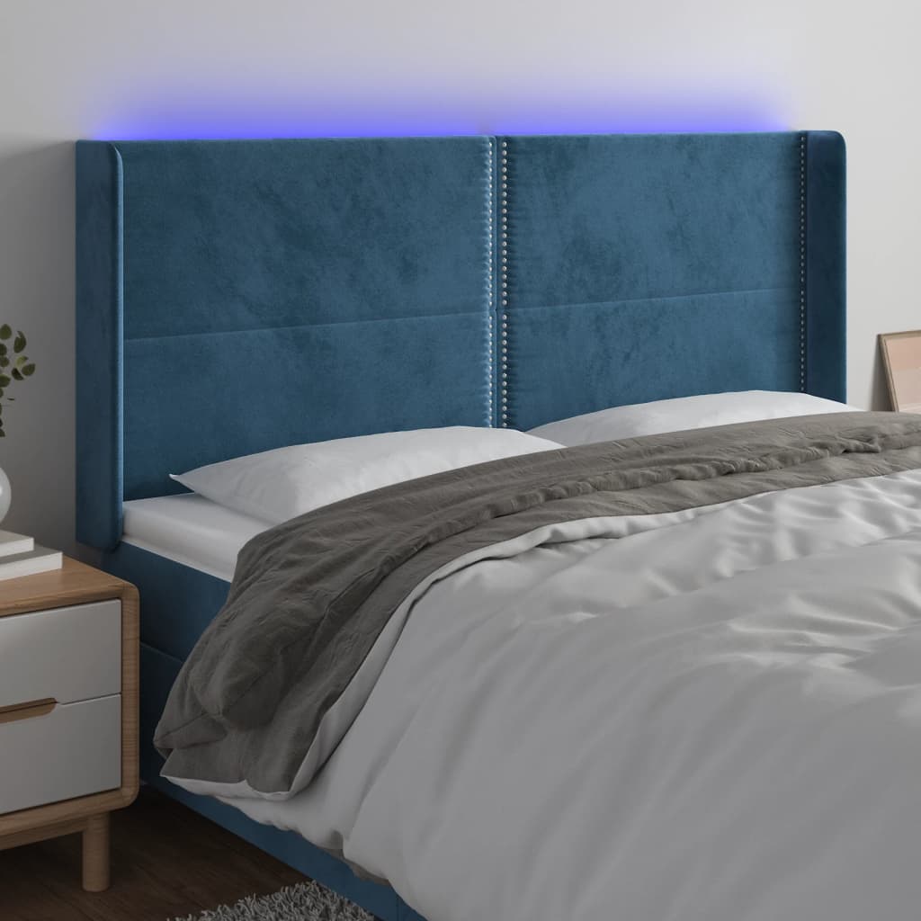 vidaXL Cabeceira cama c/ luzes LED veludo 203x16x118/128cm azul-escuro