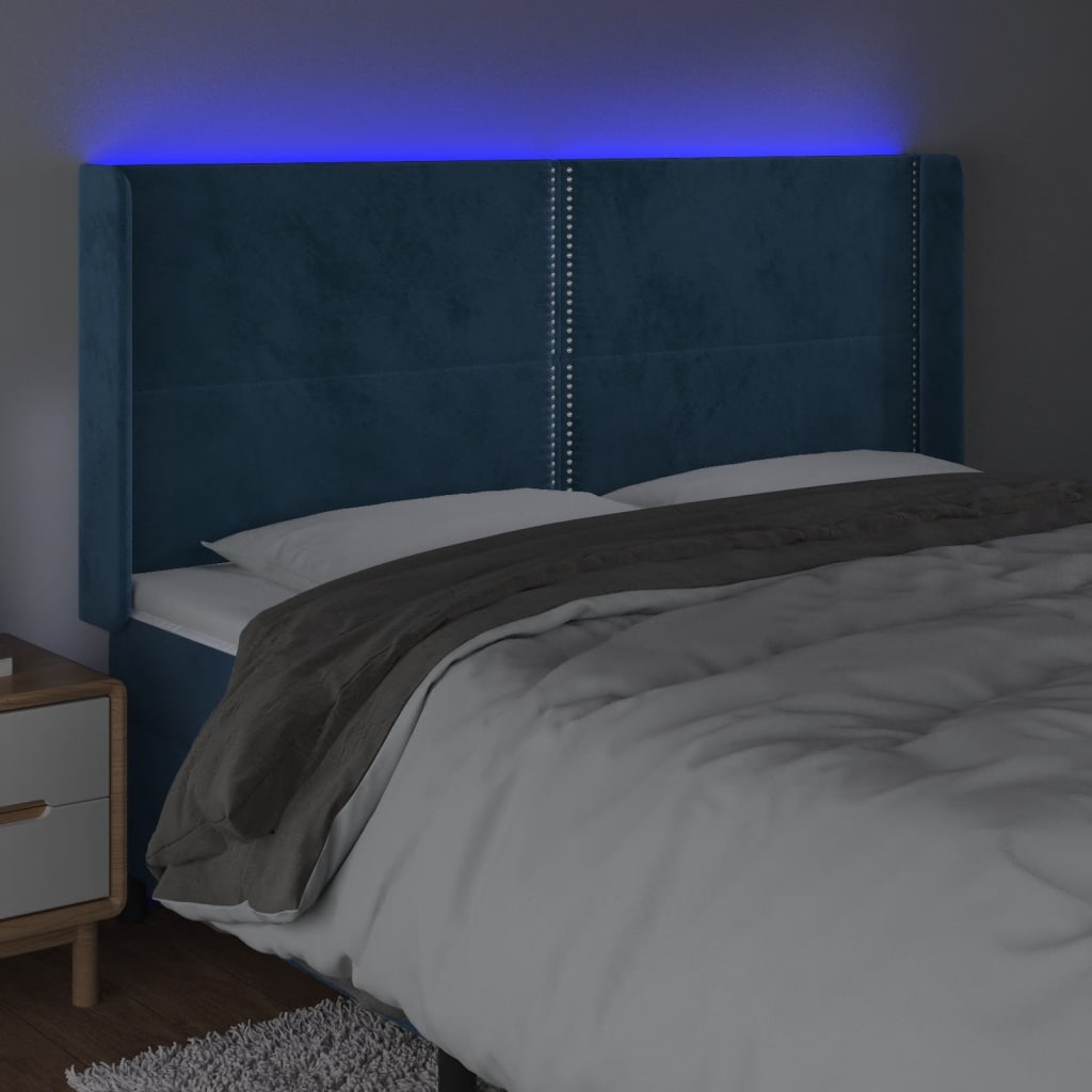 vidaXL Cabeceira cama c/ luzes LED veludo 203x16x118/128cm azul-escuro