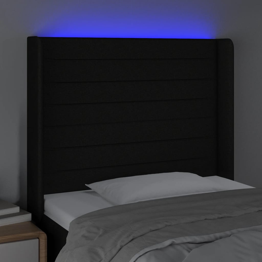 vidaXL Cabeceira de cama c/ luzes LED tecido 103x16x118/128 cm preto