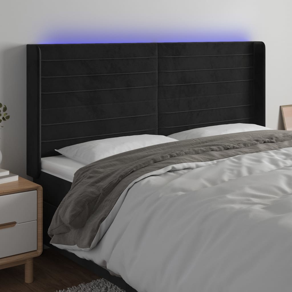 vidaXL Cabeceira de cama c/ luzes LED veludo 183x16x118/128 cm preto