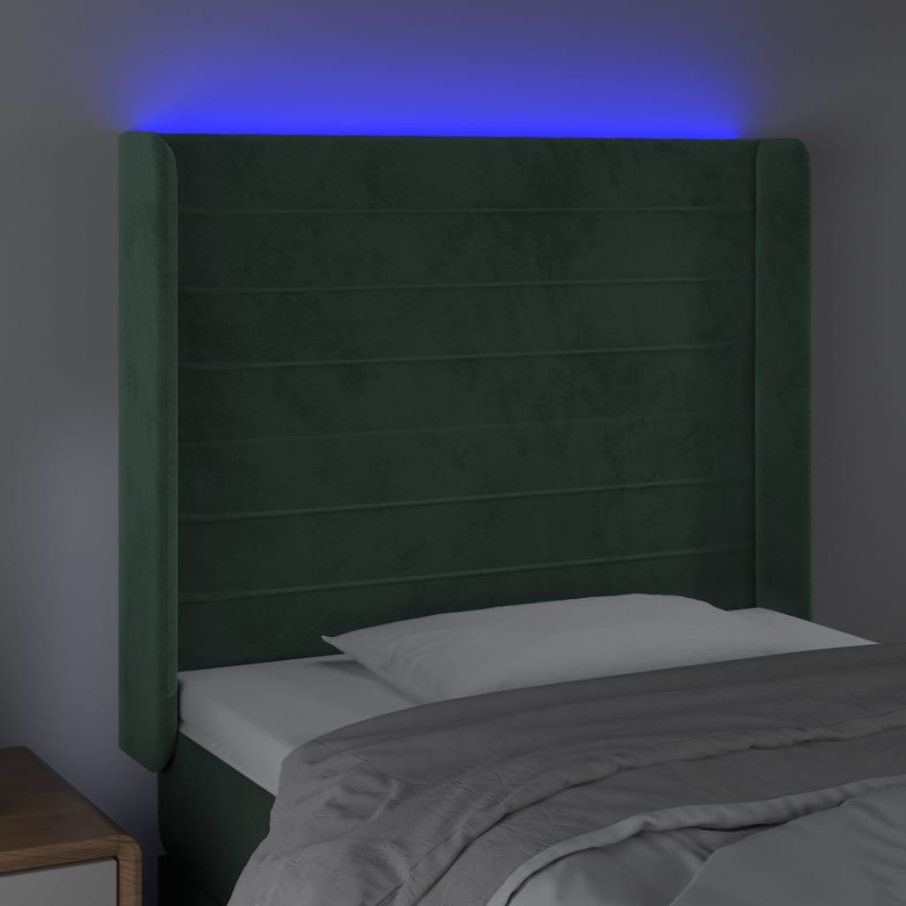 vidaXL Cabeceira de cama c/ LED veludo 103x16x118/128 cm verde-escuro