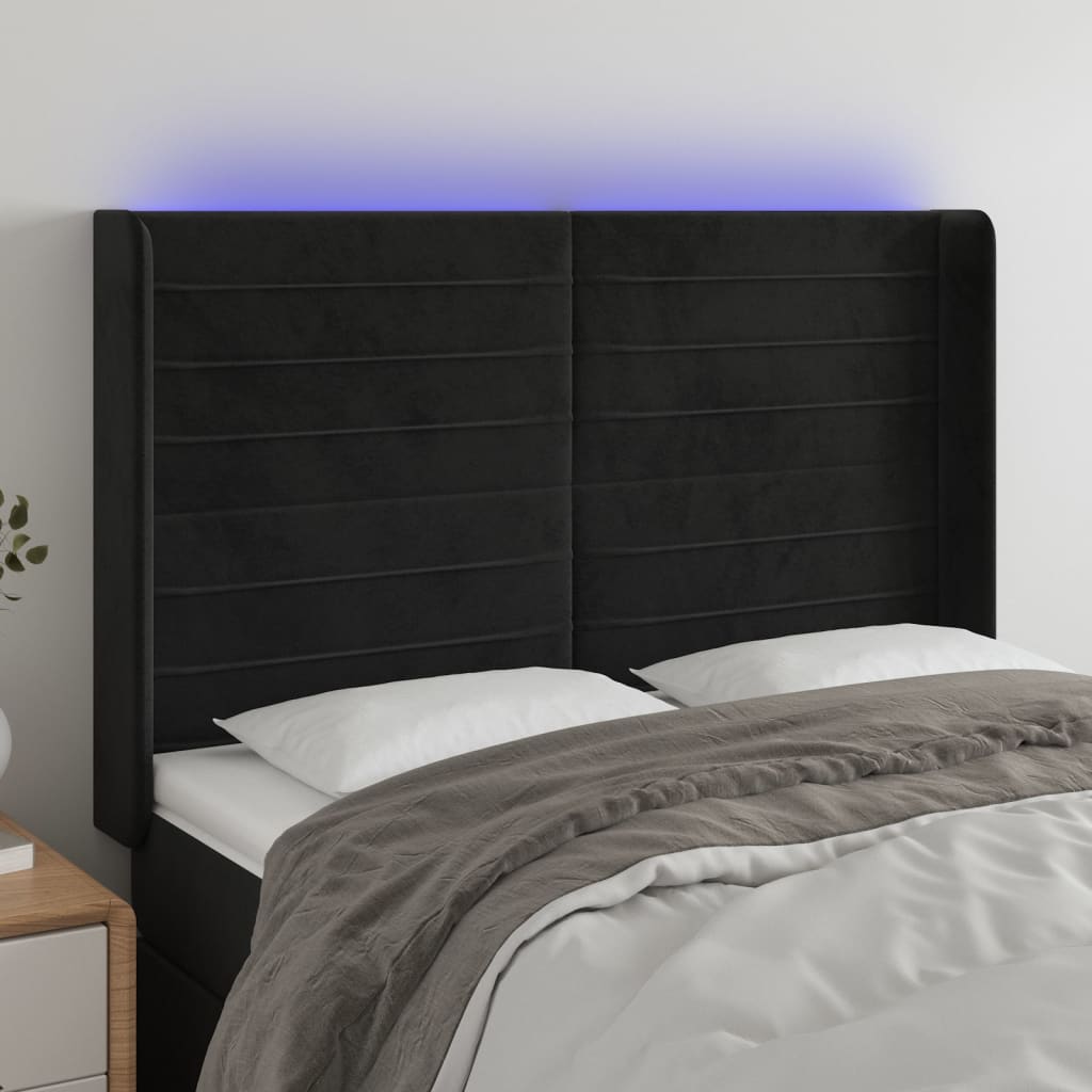 vidaXL Cabeceira de cama c/ luzes LED veludo 147x16x118/128 cm preto