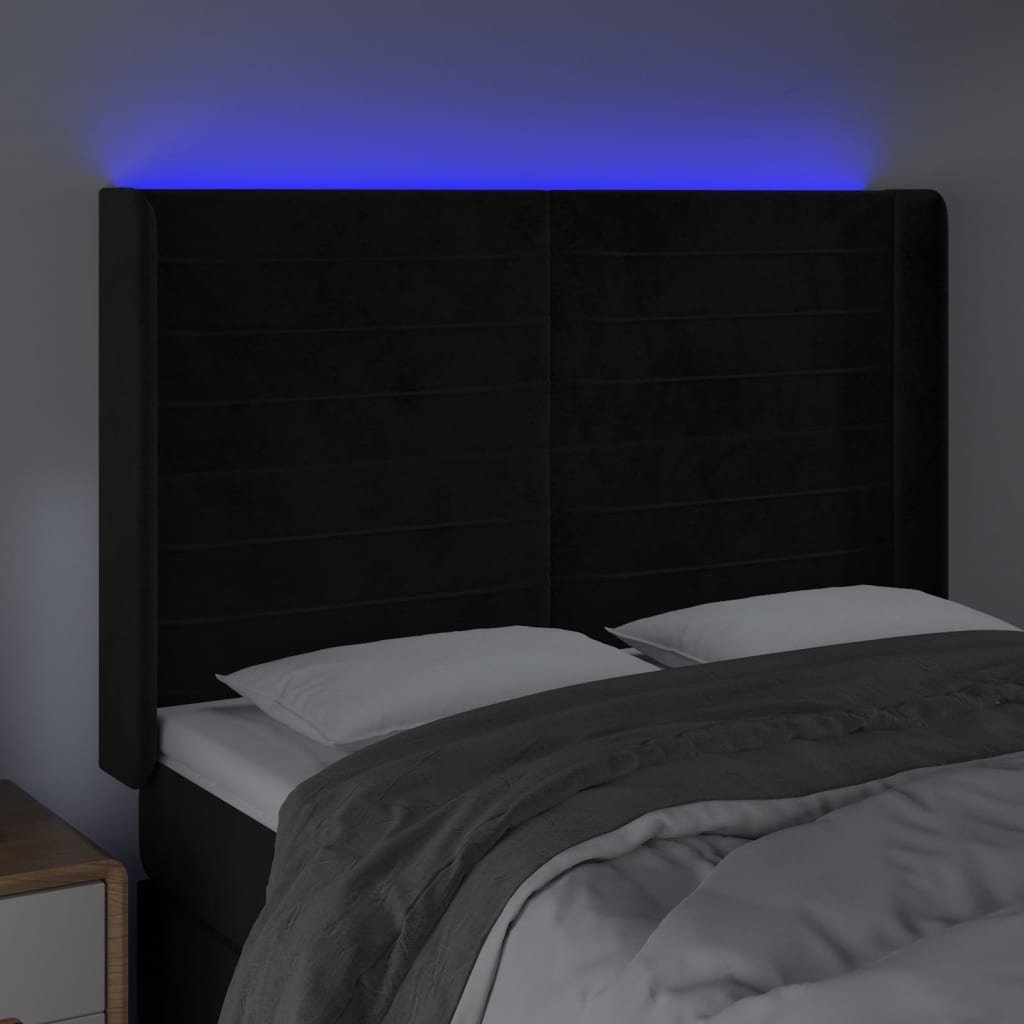 vidaXL Cabeceira de cama c/ luzes LED veludo 147x16x118/128 cm preto